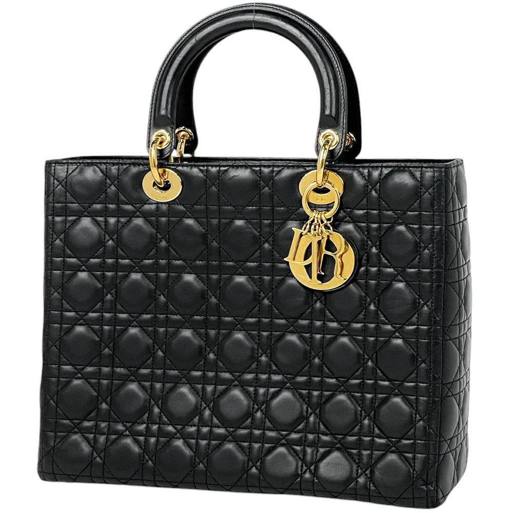Christian Dior Lady Shoulder Bag Cannage Handbag Leather Black